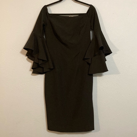 Milly Womens Size 10 Italian Cady Selena Slit Dress Black Midi Bell Sleeve NWT - Picture 2 of 16